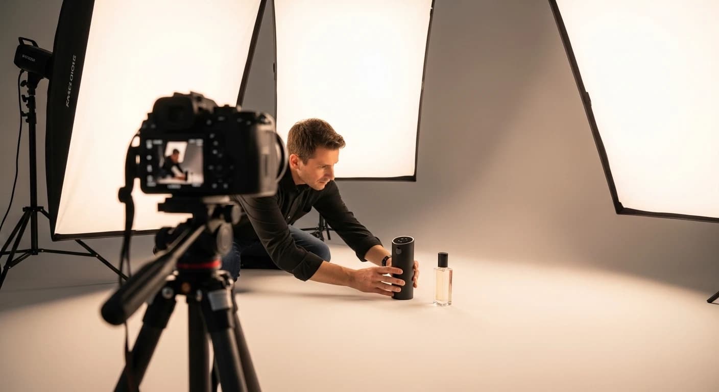 Professional studio scene with a cleanly lit white-background product photo